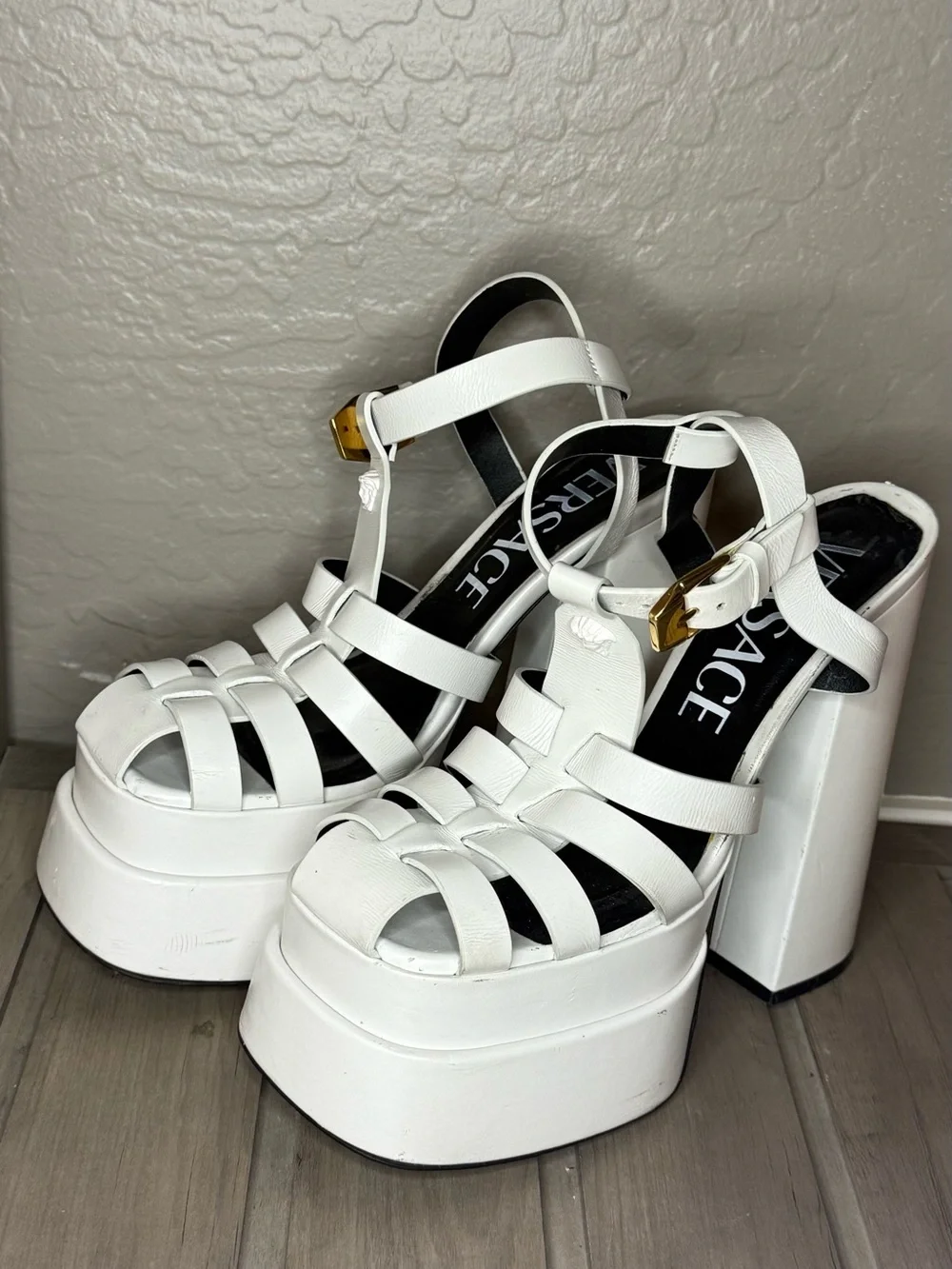 Versace White High Block Platform Strappy Sandals